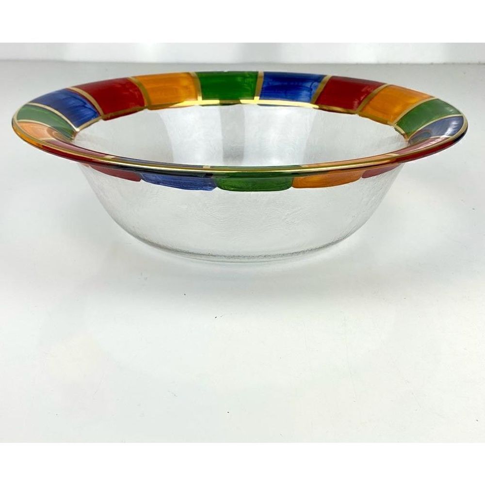 Handpainted Colorful Gold Rim Clear Glass Serving Bowl 13in W x 4in H BC1545
